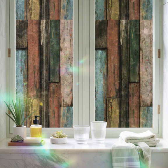 Window Privacy Film,Farmhouse Rustic Wooden Plank Barn Static Clings Decorative Rainbow Window Films Stickers Vintage Splicing Wood Board Sun Blocking Glass Cover for Home Bathroom Office,17.7"x39.3"