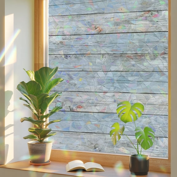 Window Privacy Film Farmhouse Vintage Wood Board Stained Glass Static Cling 18x39inch, Blue Gray Wooden Plank Rainbow Window Film Glass Sticker for Bathroom Bedroom Home