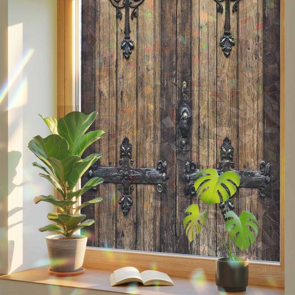 Window Privacy Film Farmhouse Vintage Wood Board Stained Glass Static Cling 18x39inch, Brown Wooden Rainbow Window Film Glass Sticker for Bathroom Bedroom Home