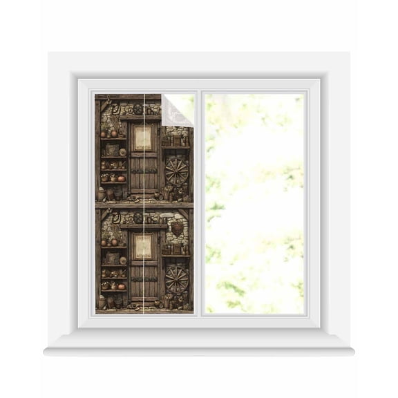 Window Privacy Film Farmhouse Wooden Stained Glass Window Film Decorative Sun Block Window Cover Old Vintage Antique Time Cottage Scene Window Clings Static Adhesive Sticker for Bathroom 19.6"x39.3"