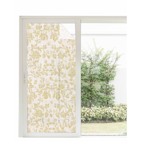 Window Privacy Film Farmhouse Yellow Stained Glass Window Film Decorative Sun Block Window Cover Vintage Flower Leaf Botanical Plant Window Clings Static Adhesive Sticker for Bathroom 35.4"x78.7"