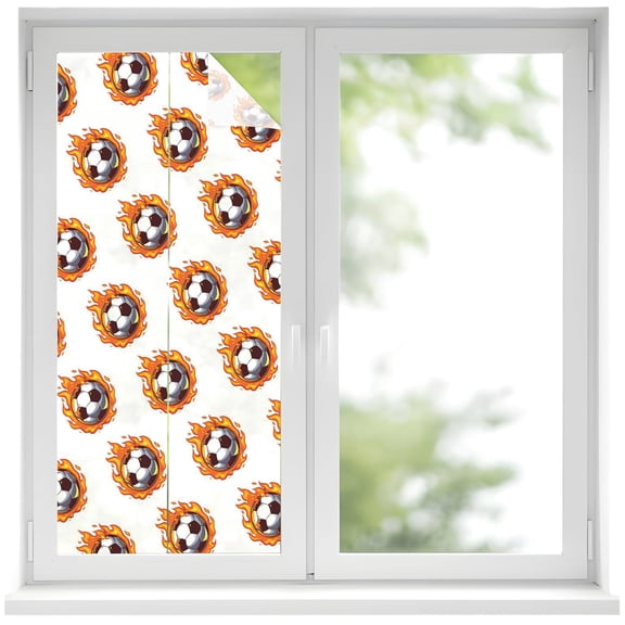 Window Privacy Film Fire Football Stained Glass Window Film Decorative Sun Block Window Cover Soccer Sports Dark Flaming Window Clings Static Adhesive Sticker for Bathroom 17.7"x39.3"