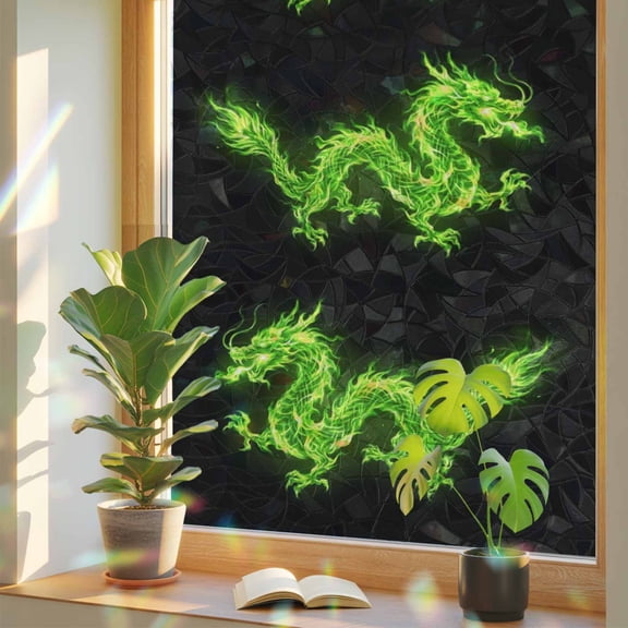 Window Privacy Film Flames Dragon Stained Glass Window Film Green Modern Art Rainbow Static Window Clings for Glass Windows Home Bathroom Living Room Office Glass Door Sticker 17.7"39.3"