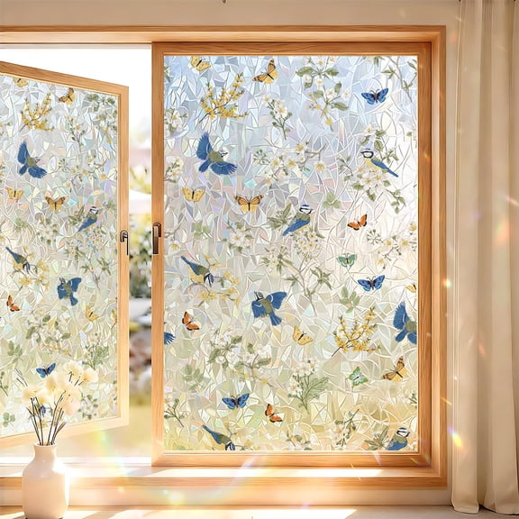 Window Privacy Film Floral Decorative Sticker 3D Static Cling for UV Protection Heat Control Removable Non-Adhesive Glass Cover for Home Office Apartment Windows