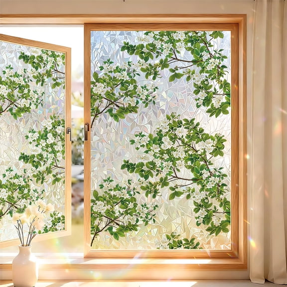 Window Privacy Film Floral Decorative Sticker 3D Static Cling for UV Protection Heat Control Removable Non-Adhesive Window Cover for Home Office Bathroom