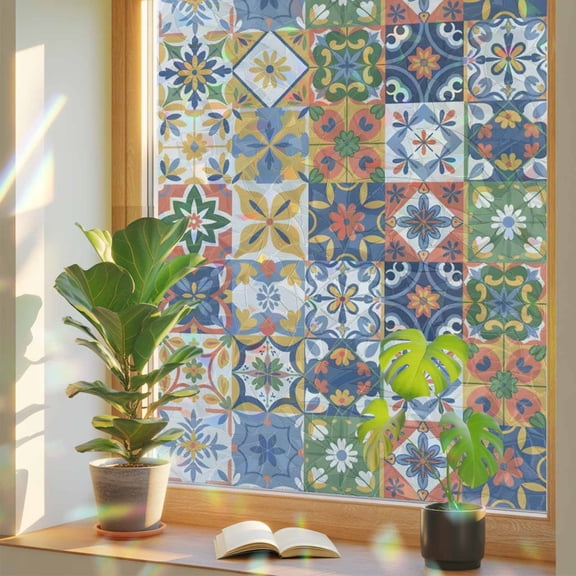 Window Privacy Film Floral Geometric Stained Glass Window Film Vintage Color Flower Ceramic Brick Static Window Clings for Glass Windows Home Bathroom Living Room Office Door Sticker 17.7"39.3"