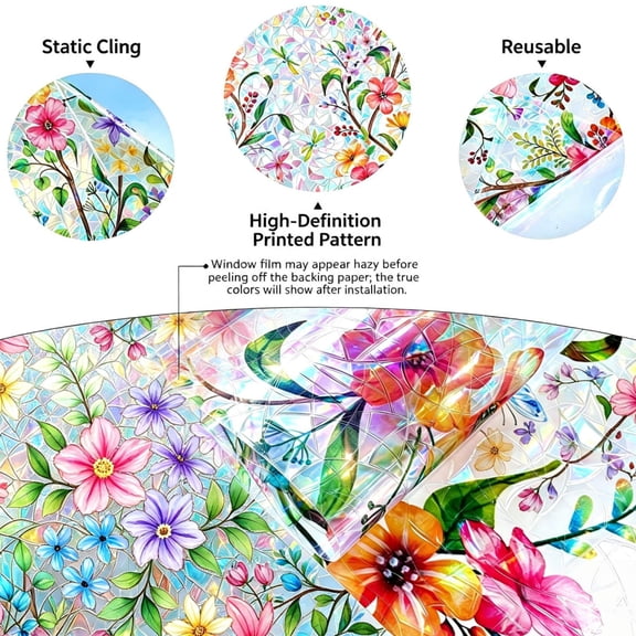 Window Privacy Film Floral Rainbow Decorative Stickers,Double Sided Visible Static Stained Glass Cling, Removable Cover for Home Heat Control 39.38*17.72In