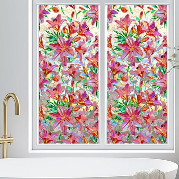 Window Privacy Film Floral Rainbow Window Clings 3D Decorative Window Vinyl Stained Glass Window Decals Static Cling Window Sticker Non-Adhesive for Home Kitchen Bathroom Office (Floral)