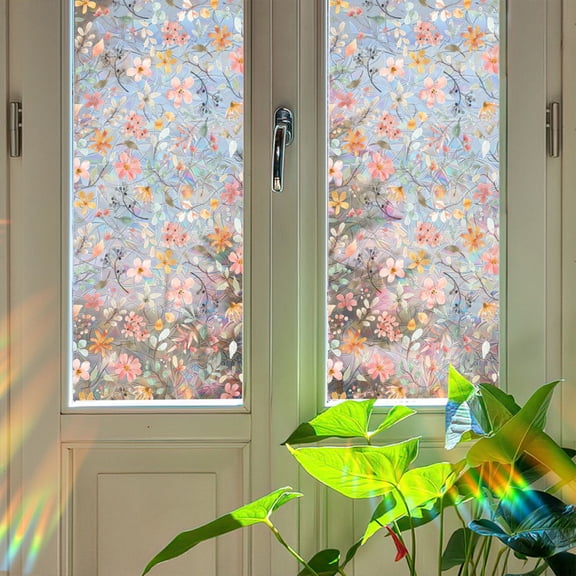 Window Privacy Film - Floral Stained Glass Window Film Static Cling UV & Heat Blocking Rainbow Window Film for Glass Doors, Bedroom Windows - No Glue Premium Vinyl-17.7"x39.4"
