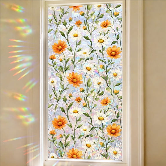 Window Privacy Film - Floral Stained Glass Window Film Static Cling UV & Heat Blocking Rainbow Window Film for Glass Doors, Bedroom Windows - No Glue Premium Vinyl-17.7"x39.4"