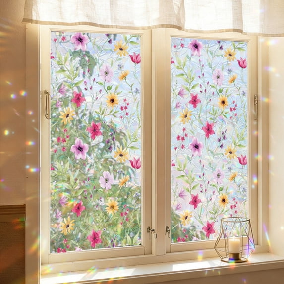 Window Privacy Film - Floral Stained Glass Window Film Static Cling UV & Heat Blocking Rainbow Window Film for Glass Doors, Bedroom Windows - No Glue Premium Vinyl-17.7"x39.4"