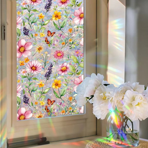 Window Privacy Film - Floral Stained Glass Window Film Static Cling UV & Heat Blocking Rainbow Window Film for Glass Doors, Bedroom Windows - No Glue Premium Vinyl-17.7"x39.4"