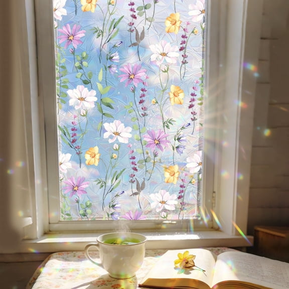 Window Privacy Film - Floral Stained Glass Window Film Static Cling UV & Heat Blocking Rainbow Window Film for Glass Doors, Bedroom Windows - No Glue Premium Vinyl-17.7"x39.4"