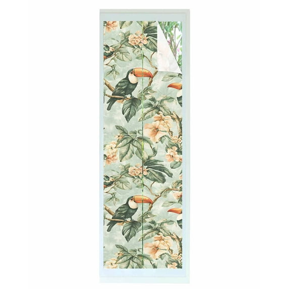Window Privacy Film Flower Bird Stained Glass Window Film Decorative Sun Block Window Cover Pink Flower Green Palm Leaves Watercolor Window Clings Static Adhesive Sticker for Bathroom 17.7"x78.7"