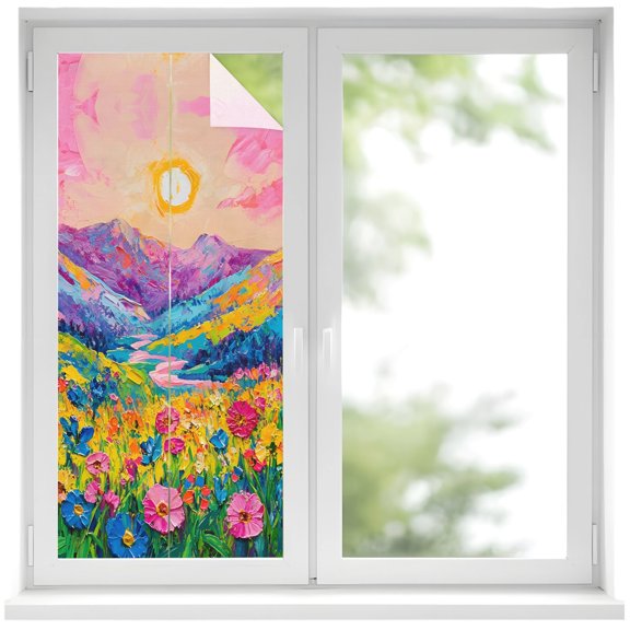 Window Privacy Film Flower Meadow Stained Glass Window Film Decorative Sun Block Window Cover Mountain Range Sunlight Floral Window Clings Static Adhesive Sticker for Bathroom 17.7"x39.3"