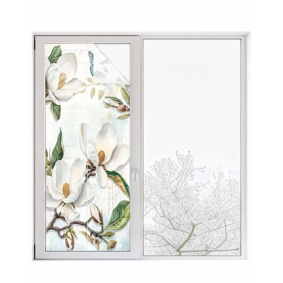 Window Privacy Film Flowers Leaves Stained Glass Window Film Decorative Sun Block Window Cover Country Botanical White Floral Branch Window Clings Static Adhesive Sticker for Bathroom 23.6"x59"