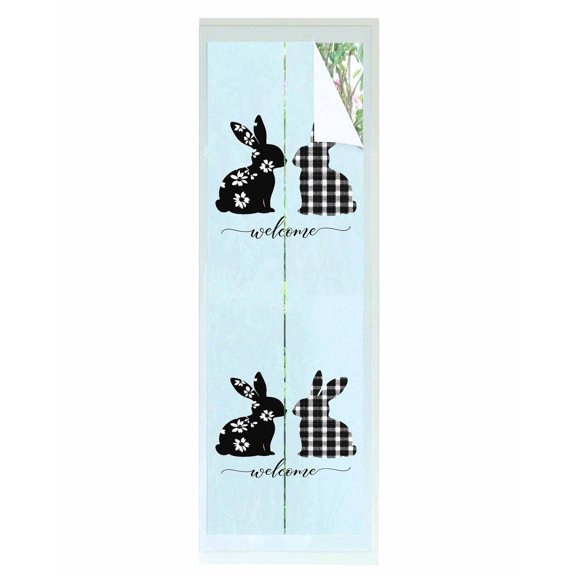 Window Privacy Film Flowers Rabbit Stained Glass Window Film Decorative Sun Block Window Cover Blue Spring Easter Black Plaid Farmhouse Window Clings Static Adhesive Sticker for Bathroom 23.6"x78.7"