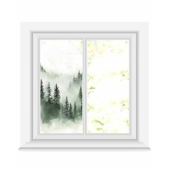 Window Privacy Film Foggy Forest Stained Glass Window Film Decorative Sun Block Window Cover Green Mist Mountain Natural Landscape Window Clings Static Adhesive Sticker for Bathroom 17.7"x39.3"