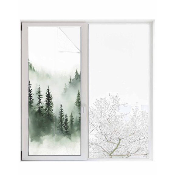 Window Privacy Film Foggy Forest Stained Glass Window Film Decorative Sun Block Window Cover Green Mist Mountain Natural Landscape Window Clings Static Adhesive Sticker for Bathroom 23.6"x59"