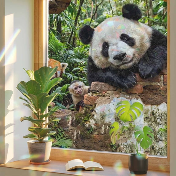 Window Privacy Film Forest Animal Stained Glass Window Film Broken Wall Panda Parrot Monkey Raccoon Static Window Clings for Glass Windows Home Bathroom Living Room Office Door Sticker 17.7"39.3"