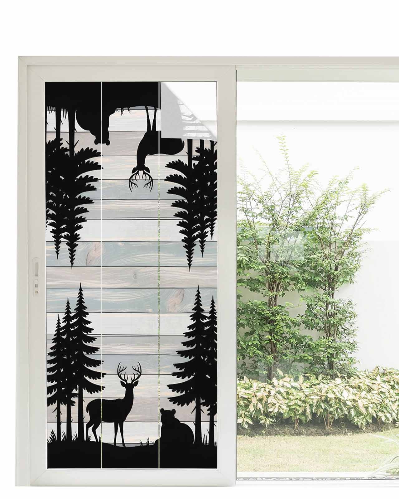 Window Privacy Film Forest Bear Stained Glass Window Film Decorative Sun Block Window Cover Silhouette Elk Stripes Tree Wood Grain Window Clings Static Adhesive Sticker for Bathroom 35.4"x78.7"