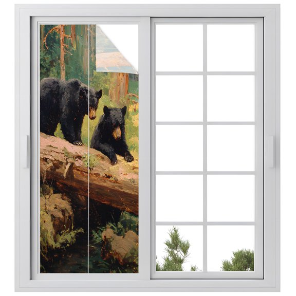 Window Privacy Film Forest Bears Stained Glass Window Film Decorative Sun Block Window Cover Nature Country Wild Animals Trees Branch Window Clings Static Adhesive Sticker for Bathroom 23.6"x59"