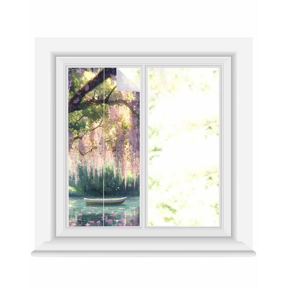 Window Privacy Film Forest Boat Stained Glass Window Film Decorative Sun Block Window Cover Green Tree Flowers Floral Wilderness Scenery Window Clings Static Adhesive Sticker for Bathroom 17.7"x39.3"