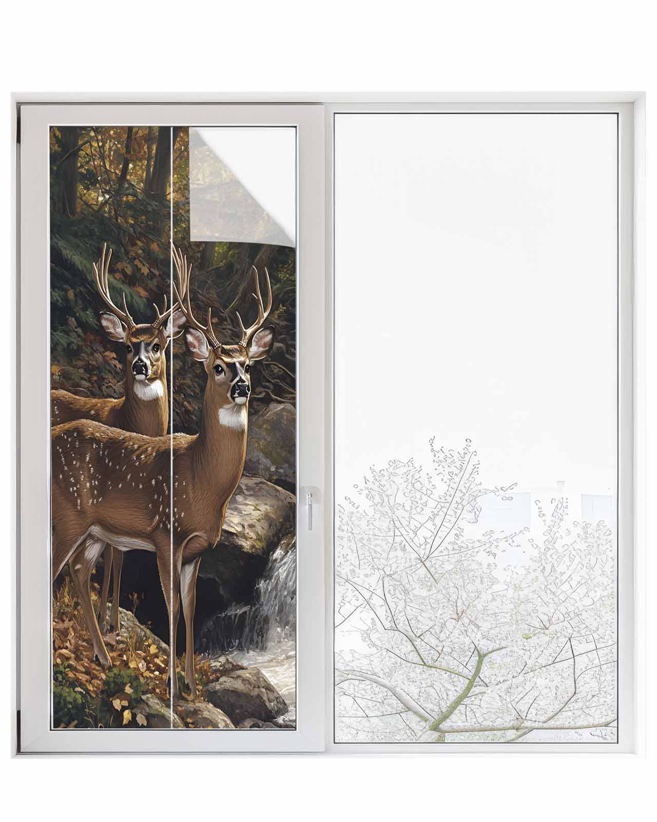 Window Privacy Film Forest Deer Stained Glass Window Film Decorative Sun Block Window Cover Farmhouse Vintage River Elk Window Clings Static Adhesive Sticker for Bathroom 23.6"x59"