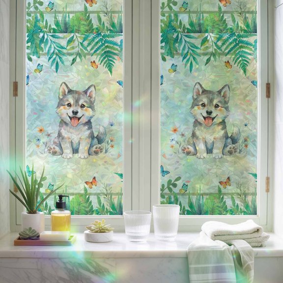 Window Privacy Film,Forest Green Leaf Wolf Static Clings Decorative Rainbow Window Films Stickers Cartoon Rustic Butterfly Flower Sun Blocking Glass Cover for Home Bathroom Office,17.7"x39.3"