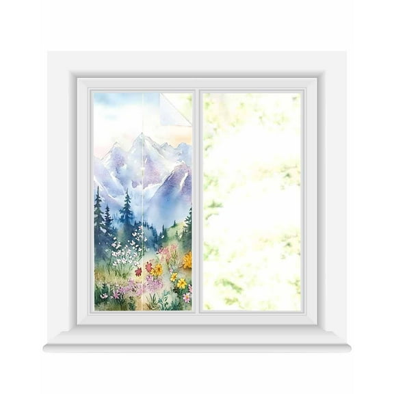 Window Privacy Film Forest Mountains Stained Glass Window Film Decorative Sun Block Window Cover Watercolor Natural Flower Tree Window Clings Static Adhesive Sticker for Bathroom 19.6"x39.3"