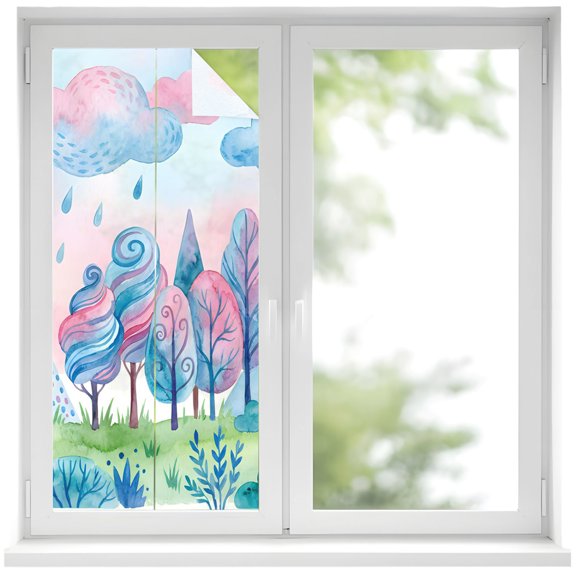 Window Privacy Film Forest Simple Line-drawing Stained Glass Window Film Decorative Sun Block Window Cover Rainy Colorful Tree Grass Window Clings Static Adhesive Sticker for Bathroom 19.6"x39.3"