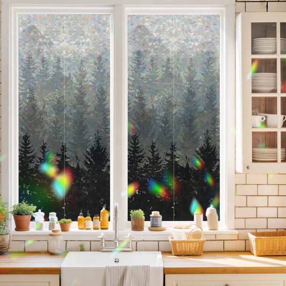 Window Privacy Film,Forest Tree Gradient Black Shadow Static Clings Decorative Rainbow Window Films Stickers Ombre Retro Linen Sun Blocking Glass Cover for Home Bathroom Office,17.7"x39.3"