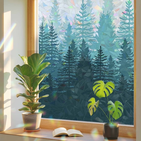 Window Privacy Film Forest Tree Stained Glass Window Film Misty Forest Landscape Nature Rainbow Static Window Clings for Glass Windows Home Bathroom Living Room Office Glass Door Sticker 17.7"39.3"