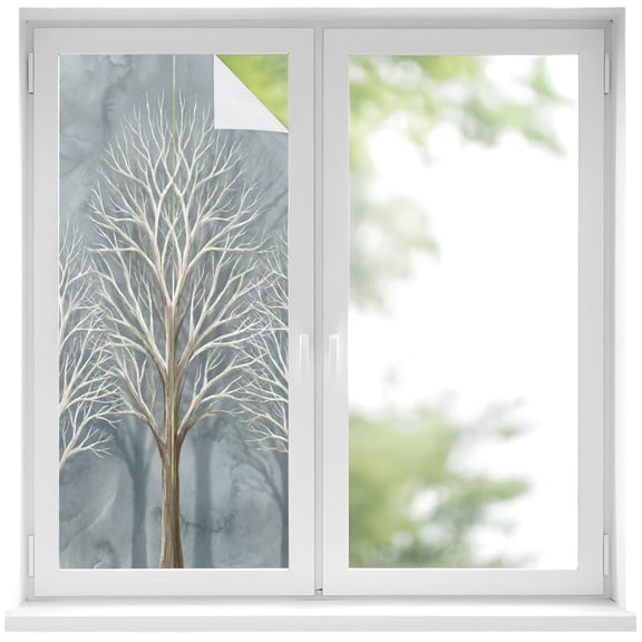 Window Privacy Film Forest Woodland Stained Glass Window Film Decorative Sun Block Window Cover Steel Blue Trees Shadows Window Clings Static Adhesive Sticker for Bathroom 17.7"x39.3"