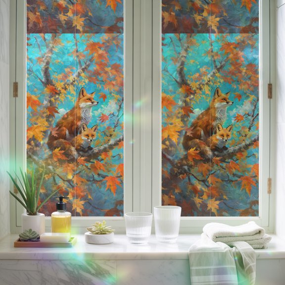 Window Privacy Film,Fox Autumn Maple Wildlife Forest Static Clings Decorative Rainbow Window Films Stickers Orange Gradient Sun Blocking Glass Cover for Home Bathroom Office,17.7"x39.3"