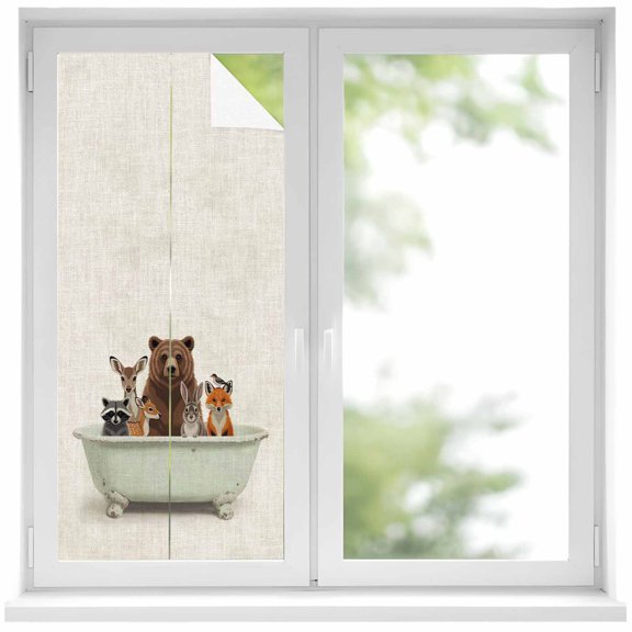 Window Privacy Film Funny Animals Stained Glass Window Film Decorative Sun Block Window Cover Woodland Bathtub Wildlife Watercolor Bear Window Clings Static Adhesive Sticker for Bathroom 17.7"x39.3"