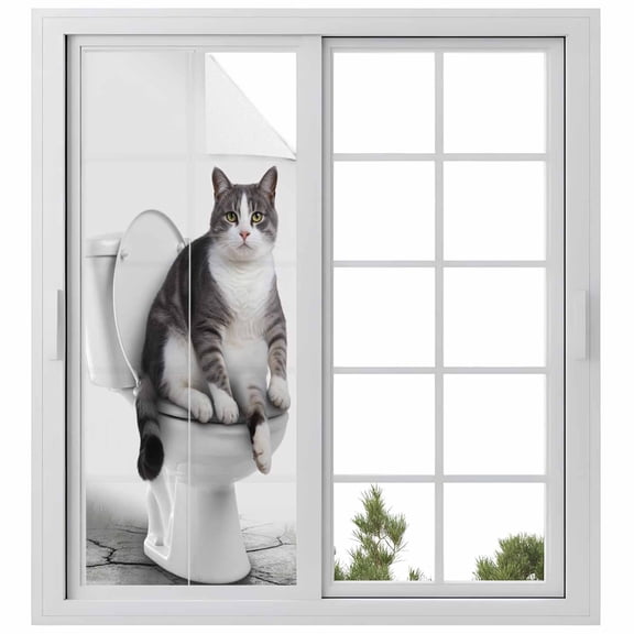 Window Privacy Film Funny Cat Stained Glass Window Film Decorative Sun Block Window Cover Modern Abstract Cute Animals on Toilets Artwork Window Clings Static Adhesive Sticker for Bathroom 23.6"x59"