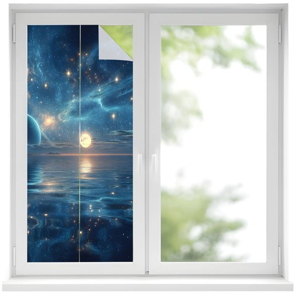 Window Privacy Film Galaxy Space Stained Glass Window Film Decorative Sun Block Window Cover Universe Planets Sparkling Stars Moon Blue Window Clings Static Adhesive Sticker for Bathroom 17.7"x39.3"