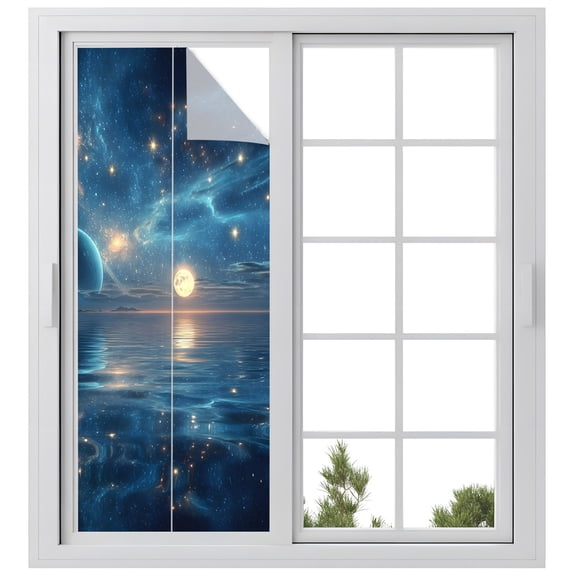 Window Privacy Film Galaxy Space Stained Glass Window Film Decorative Sun Block Window Cover Universe Planets Sparkling Stars Moon Blue Window Clings Static Adhesive Sticker for Bathroom 23.6"x59"