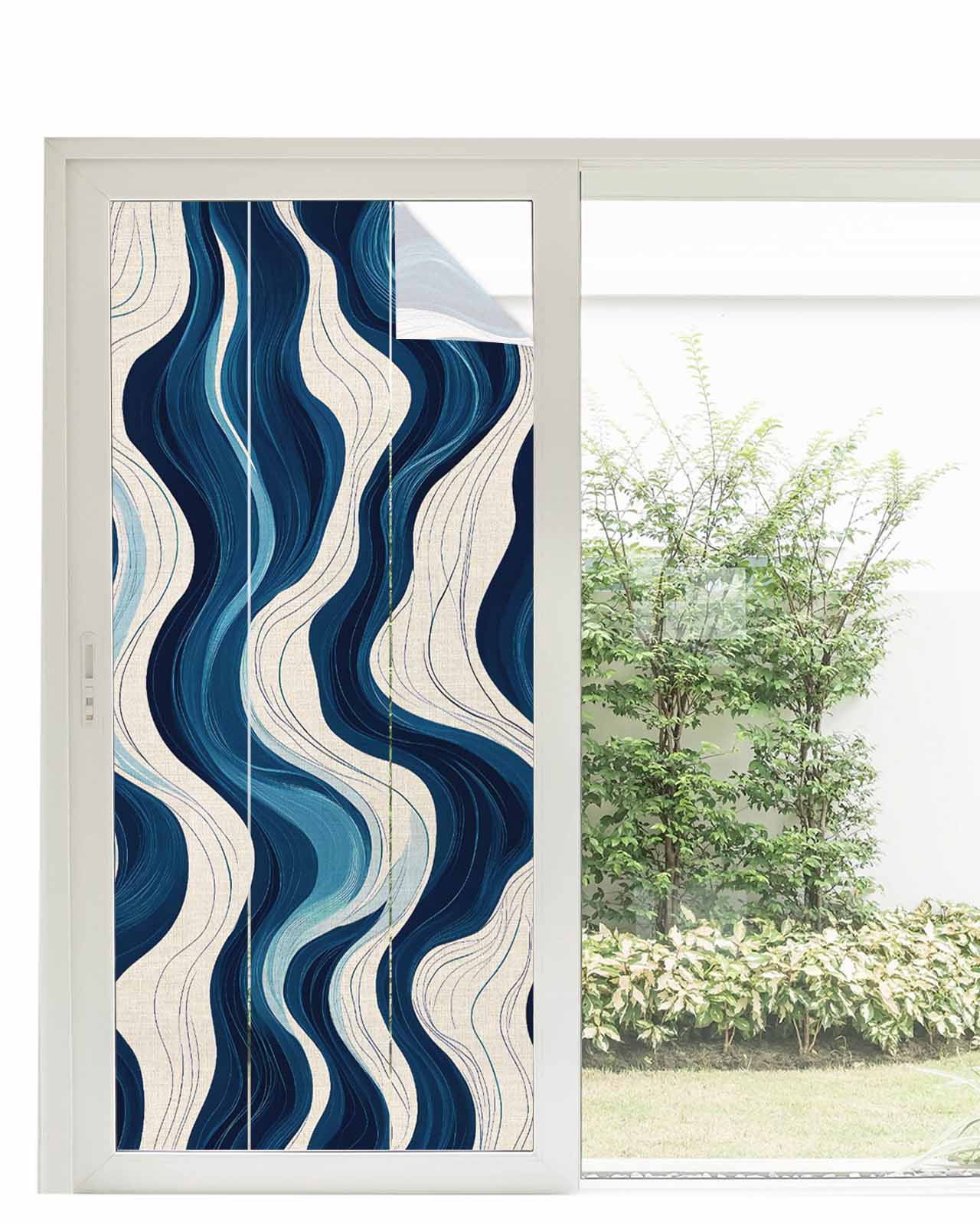 Window Privacy Film Geometric Blue Stained Glass Window Film Decorative Sun Block Window Cover Vintage White Stripe Coastal Sea Wave Window Clings Static Adhesive Sticker for Bathroom 35.4"x78.7"