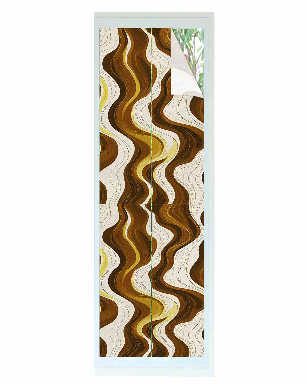 Window Privacy Film Geometric Brown Stained Glass Window Film Decorative Sun Block Window Cover Gold Vintage White Stripe Coastal Sea Wave Window Clings Static Sticker for Bathroom 17.7"x78.7"