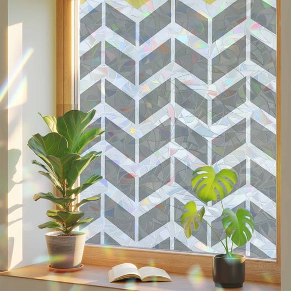 Window Privacy Film Geometric Chevron Yellow Stained Glass Window Film White and Gray Stripes Rainbow Static Window Clings for Glass Windows Home Bathroom Living Room Office Door Sticker 17.7"39.3"