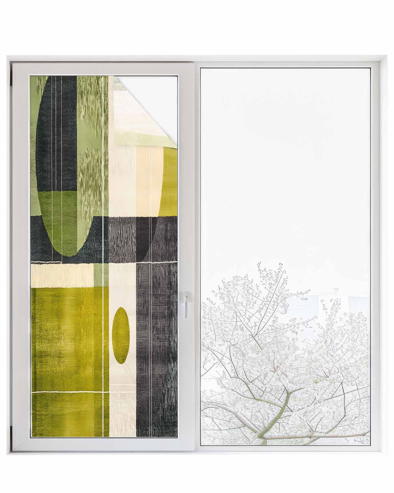 Window Privacy Film Geometric Green Stained Glass Window Film Decorative Sun Block Window Cover Middle Century Simple Abstract Art Window Clings Static Adhesive Sticker for Bathroom 23.6"x59"