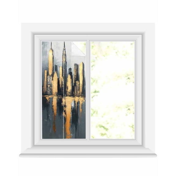 Window Privacy Film Gold Black Building Stained Glass Window Film Decorative Sun Block Window Cover Modern Chic City Oil Painting Window Clings Static Adhesive Sticker for Bathroom 19.6"x39.3"
