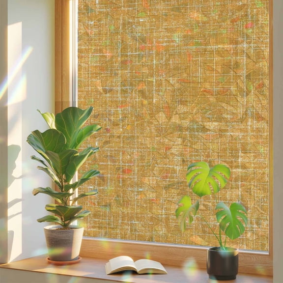 Window Privacy Film Gold Linen Fabric Stained Glass Window Film Pure Solid Color Rainbow Static Window Clings for Glass Windows Home Bathroom Living Room Office Glass Door Sticker 17.7"39.3"