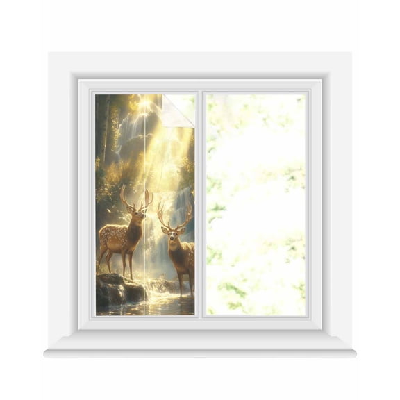 Window Privacy Film Golden Forest Deer Stained Glass Window Film Decorative Sun Block Window Cover Fantasy Vintage Nature Scenery Window Clings Static Adhesive Sticker for Bathroom 17.7"x39.3"