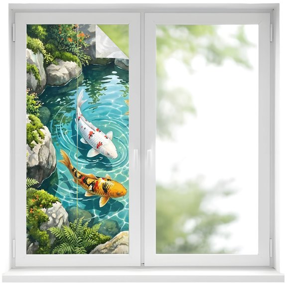 Window Privacy Film Golden White Fish Stained Glass Window Film Decorative Sun Block Window Cover Summer Pond Botanical Lucky Window Clings Static Adhesive Sticker for Bathroom 17.7"x39.3"