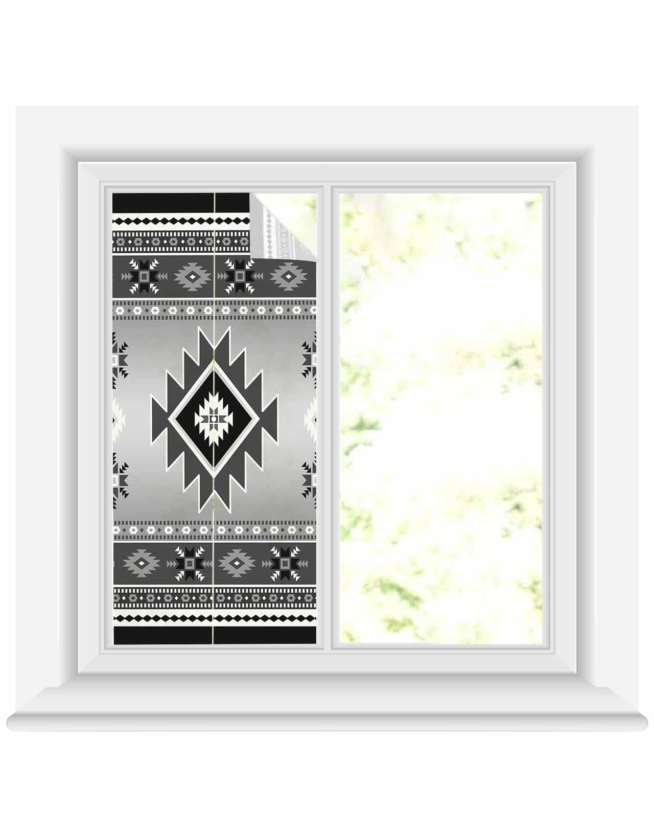 Window Privacy Film Gray Aztec Stained Glass Window Film Decorative Sun Block Window Cover Bohemian Southwest Country Ethnic Art Window Clings Static Adhesive Sticker for Bathroom 17.7"x39.3"