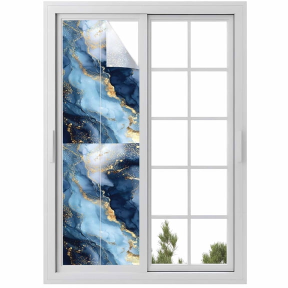 Window Privacy Film Gray Blue Golden Marble Stained Glass Window Film Decorative Sun Block Window Cover Abstract Modern Marble Crack Window Clings Static Adhesive Sticker for Bathroom 29.5"x118"