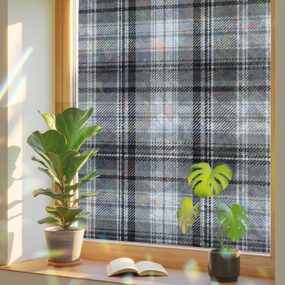 Window Privacy Film Gray Checked Plaid Stained Glass Window Film Stripes Woven Grid Rainbow Static Window Clings for Glass Windows Home Bathroom Living Room Office Glass Door Sticker 17.7"39.3"